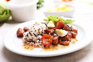Tasty rice served on table, close-up