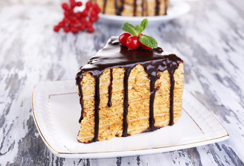 Chocolate cake on wooden table