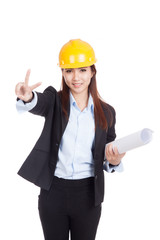 Asian engineer woman show V sign with blueprints