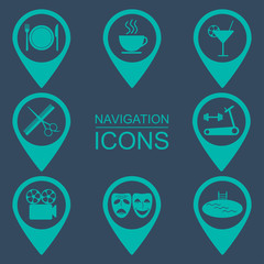 Navigation icons. Silhouette icons. Public places. Green. vector