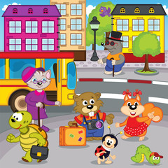 animals in city come by bus - vector illustration, eps