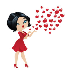Bright brunette in a red dress sends kisses