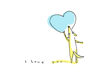 Yellow dog drawing big blue heart on Valentine's Day - 75664558
