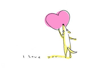 Yellow dog drawing big pink heart on Valentine's Day - 75664560