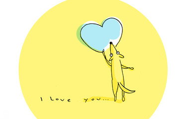 Yellow dog drawing big blue heart on Valentine's Day - 75664562