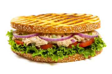 Grilled Tuna Panini Sandwich on white background