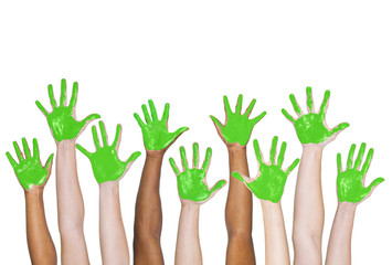 Green Painted Hands Togetherness Unity Concept - obrazy, fototapety, plakaty