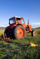 Mongolian Farmer Driving Tractor Field Sky Concept