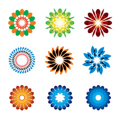 Set of color geometric flowers, stars and graphic elements