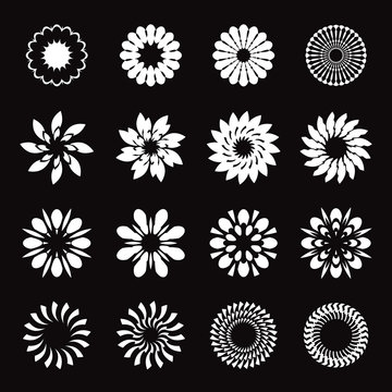Set of white geometric flowers, stars and graphic elements