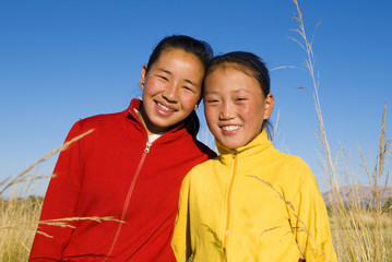 Portrait of Mangolian Two Sisters with Beautiful Smiling