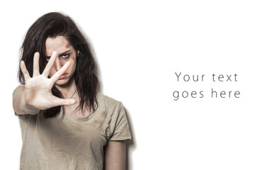 Beaten up girl asking to stop with strong look card