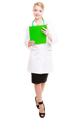 Woman doctor in lab coat with stethoscope. Medical