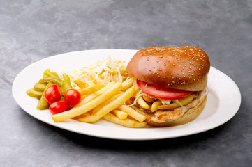 chicken burger plate with french fries and salad