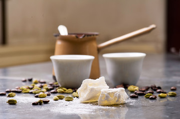 Turkish Coffee with coffee beans and Cardamom