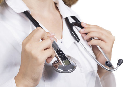 stethoscope on the neck of a woman doctor