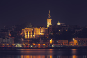 Fototapeta na wymiar Belgrade at night from the river Sava.