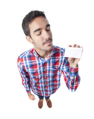 Young man holding a name card