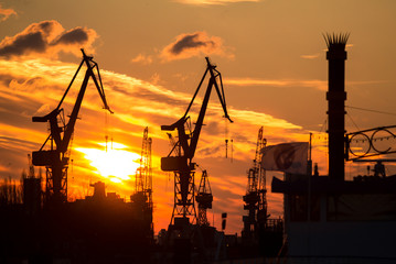 Sunset in the port of Hamburg, Germany