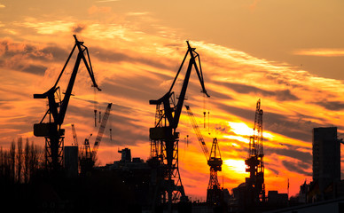 Sunset in the port of Hamburg, Germany