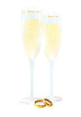 Two glasses with champagne and ring