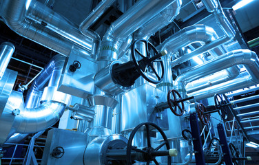 Industrial zone, Steel pipelines in blue tones