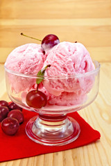 Ice cream cherry on red napkin and board