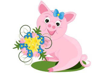 Kleines Schwein schenkt Blume