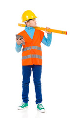 Little construction worker with a spirit level