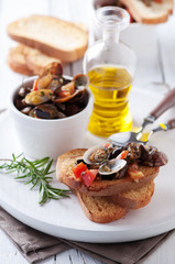 Italian traditional crostini with sea food and vegetable