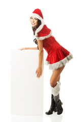 Santa woman holding white empty banner