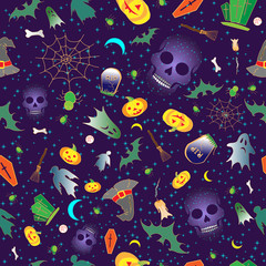 Merry Halloween seamless with traditional symbols icons. Vector.