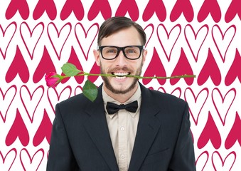 Composite image of geeky hipster holding rose between teeth