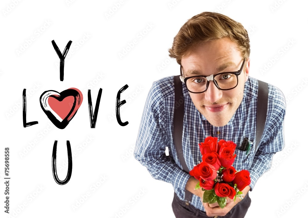 Poster composite image of geeky hipster holding a bunch of roses