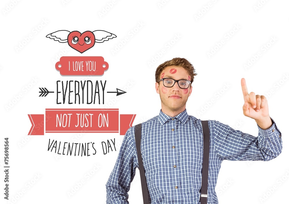Poster composite image of geeky hipster covered in kisses