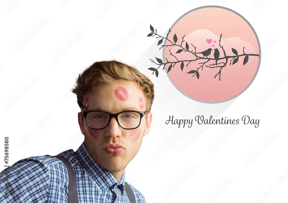 Poster composite image of geeky hipster covered in kisses