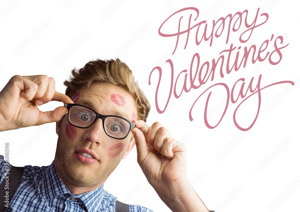 Poster composite image of geeky hipster covered in kisses