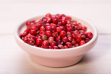 Red pepper, peppercorns in bowl. hot spices 
