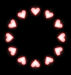 Self-illuminated pink hearts like frame  on black background