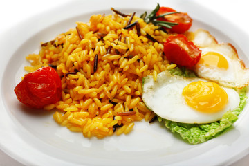 Tasty rice served on table, close-up