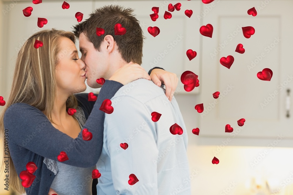 Poster composite image of hugging and kissing couple