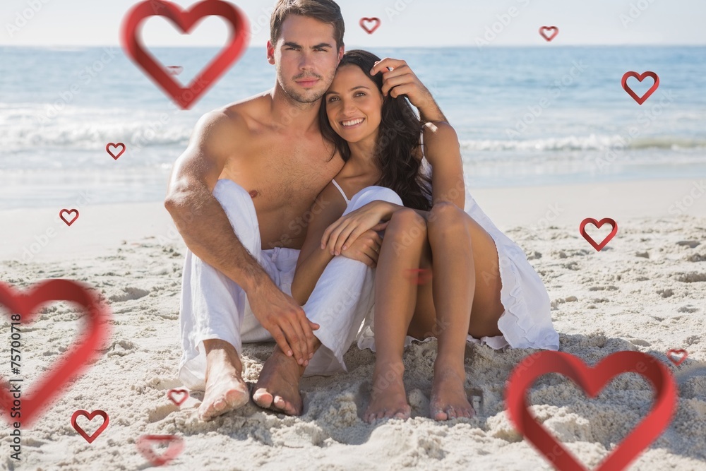 Poster composite image of cuddling couple smiling at camera