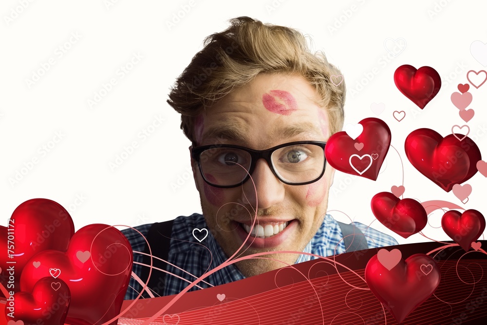 Poster composite image of geeky hipster covered in kisses