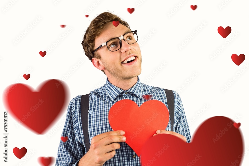 Poster composite image of geeky hipster holding a heart card