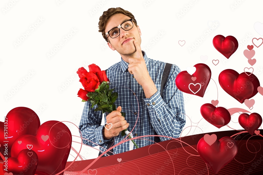 Poster composite image of geeky hipster holding a bunch of roses