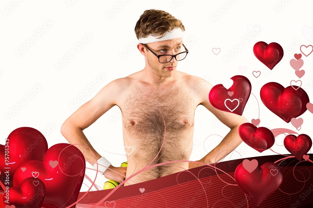 Poster Composite image of geeky shirtless hipster posing with dumbbell