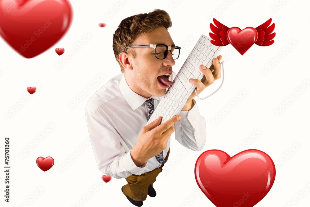 Poster composite image of geeky businessman licking his keyboard