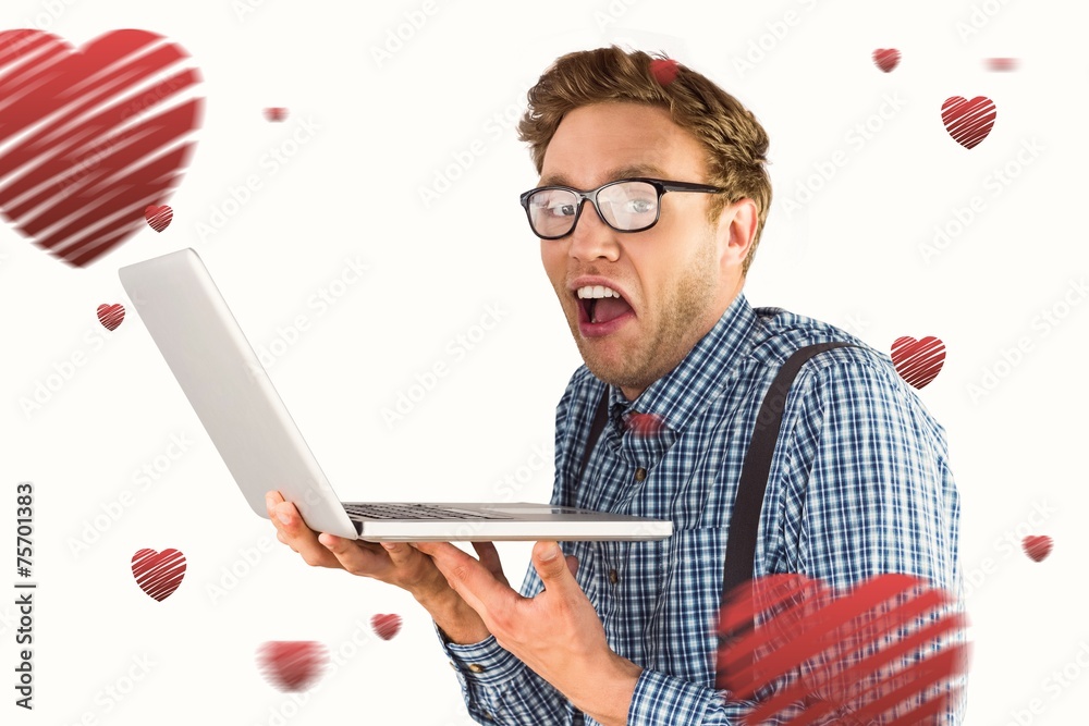 Poster composite image of geeky businessman using his laptop