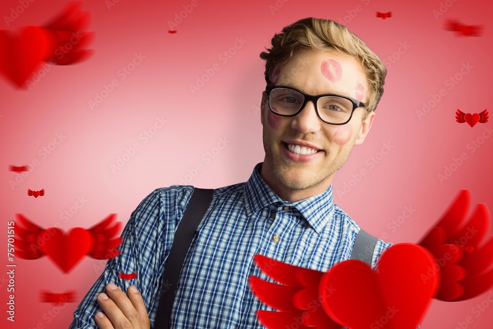 Poster composite image of geeky hipster covered in kisses