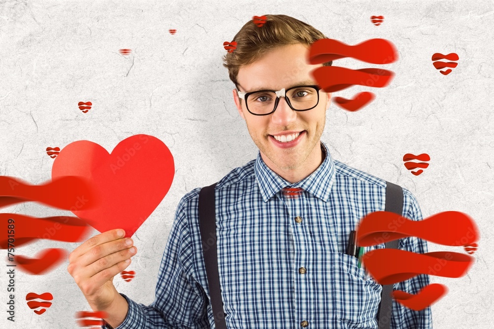 Poster composite image of geeky hipster holding a heart card